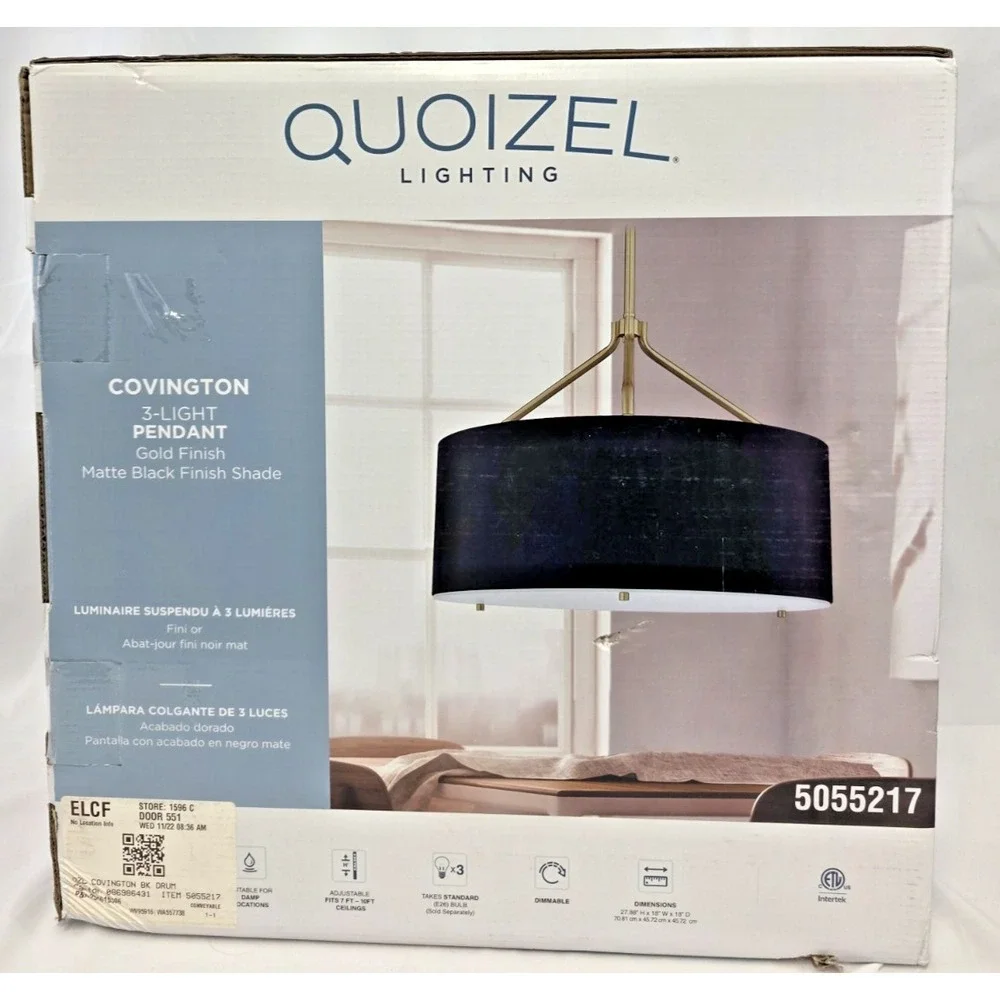 Quoizel LWS6714B Covington 3-Light Drum Pendant Black Gold NIB